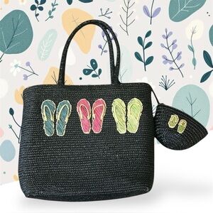 Straw Woven Black Beach Summer Large Tote with Flip Flops design + small bag
